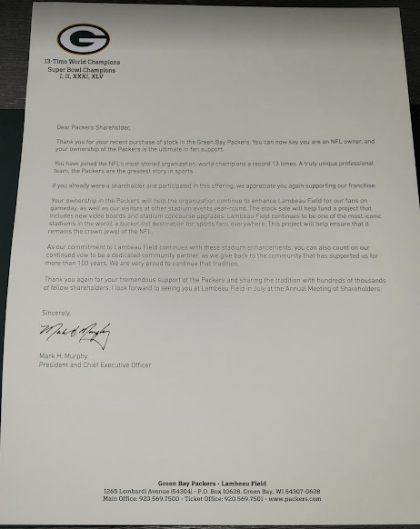 Packers Stock Letter From CEO Mark Murphy