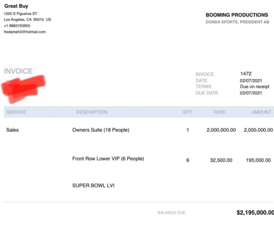 ANtonio Brown Fake SUper Bowl Invoice For 2 Million Dollars