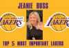 Jeanie Buss Top 5 Lakers List Image WIth Jeanie Buss And 2 Lakers Logos