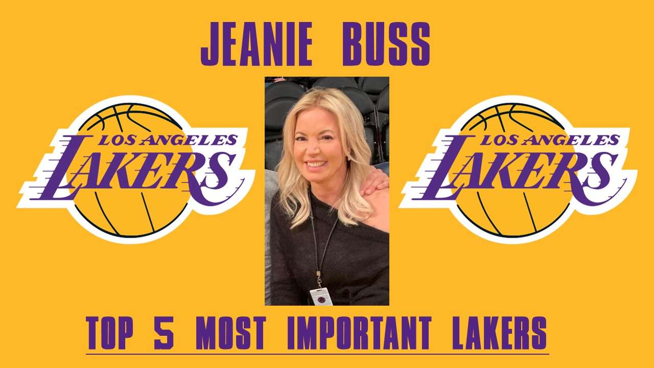 Jeanie Buss Top 5 Lakers List Image WIth Jeanie Buss And 2 Lakers Logos